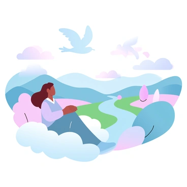A person is seated comfortably on a fluffy cloud, gazing at an expansive, colorful landscape below. The landscape features rolling hills painted in shades of pink, blue, and green, with vibrant trees scattered throughout. In the distance, a whimsical river winds through the scenery, reflecting the pastel colors of the sky. Above the person, a few playful birds soar, embodying the essence of freedom. The overall atmosphere conveys a sense of wonder and limitless imagination.