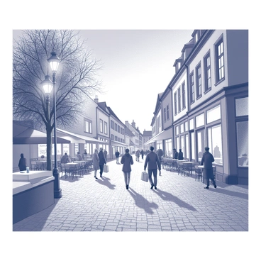 A view of the streets of Pankow under the evening sky. The streetlights emit a soft glow, casting shadows on the cobblestone pavement. People are walking along the sidewalks, some with shopping bags, while others are engaged in conversation. There are several cafés with small tables on the sidewalk, where patrons sit and enjoy their drinks. Trees line the streets, their leaves rustling gently in the evening breeze. The architecture features a mix of residential buildings and small shops, adding to the lively atmosphere of the neighborhood.
