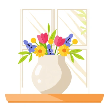 A simple ceramic vase with a smooth, glossy finish. The vase is filled with a variety of colorful flowers including bright red tulips, yellow daisies, and purple irises. The flowers are arranged in a lively, vibrant manner, creating a contrast of colors. The windowsill is wooden, with a warm brown tone, and sunlight streams in, casting gentle shadows of the flowers and vase onto the surface. In the background, the soft outlines of green leaves can be seen through the window, adding to the fresh atmosphere.