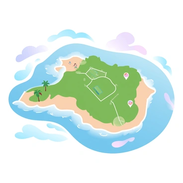 An island map with vibrant colors showcasing various sports facilities spread across the island. There are marked locations for surfing beaches with waves illustrated crashing onto the shore. Hiking trails are indicated by winding paths through lush green areas, leading to scenic viewpoints. Icons representing volleyball courts, tennis courts, and basketball courts are scattered throughout the map. Additionally, clusters of palm trees and small beach umbrellas are depicted near the surfing areas, enhancing the tropical feel of the island. The overall layout of the map is designed to capture the excitement and activity available on the island.