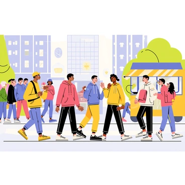 A lively urban landscape featuring a bustling street scene filled with people. The background consists of tall buildings with large windows and colorful murals. A diverse group of individuals walks along the sidewalk, each showcasing unique and trendy streetwear. Some individuals wear oversized hoodies in bright colors, while others sport trendy sneakers and fashionable caps. Accessories like backpacks and sunglasses add to the modern look. Nearby, a food truck is parked, with people gathered around, enjoying food and drinks. The atmosphere is vibrant, capturing the energy of the urban environment.