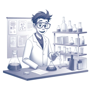 A scientist stands at a lab bench surrounded by various scientific equipment and glassware. The scientist, wearing a lab coat and safety goggles, has wide eyes filled with excitement. Their hair is slightly disheveled, suggesting a long day of work. A beaker filled with a bubbling substance sits in front of them, alongside an array of test tubes and pipettes. Papers with notes and diagrams are scattered around, showing signs of previous setbacks. The lab has shelves lined with books and additional experiments, contributing to a busy yet focused atmosphere.