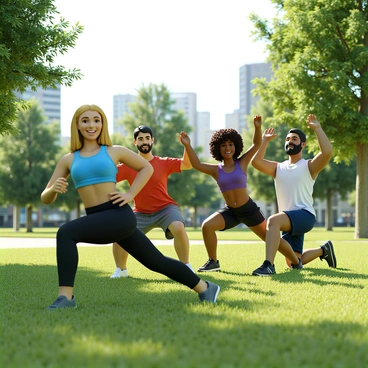 A group of four friends performing reverse lunges in a city park with green grass and trees in the background. One friend, a woman with long blonde hair, is wearing a bright blue tank top and black leggings. She is in a lunge position with her right leg extended back, and she is smiling. Another friend, a man with short dark hair, is wearing a red t-shirt and gray shorts, and he is in a similar lunge position with his left leg back. The third friend, a woman with curly brown hair, is in a purple sports bra and black shorts, stretching her arms up while lunging. The last friend, a man with a beard, is wearing a white tank top and navy blue shorts, focusing on his form. The sun is shining, and there are city buildings visible in the distance.