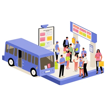 A busy bus station filled with people moving about. In the foreground, a prominent blue bus is stationed with its doors open, ready to load passengers. Groups of people are standing in line, waiting to board the bus, while others are chatting with each other. A large digital display board shows the bus schedules and arrival times, with bright colors indicating the information. Nearby, a family with luggage is preparing to board the bus, and a street vendor is selling snacks to passersby. The atmosphere is lively, showcasing the hustle and bustle of everyday travel.