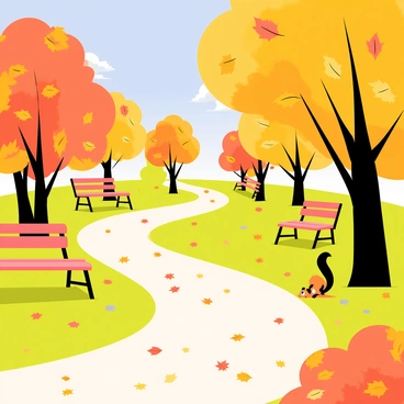 A park in autumn with trees displaying vibrant orange and yellow leaves. Leaves are gently falling to the ground, creating a colorful carpet. Several wooden benches are scattered throughout the park, each with a slightly different design. A clear blue sky provides a bright backdrop for the scene. The pathways are lined with fallen leaves, leading deeper into the park. A couple of squirrels can be seen near a tree, adding life to the setting.