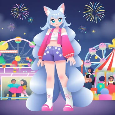 A character resembling Ahri, with fox-like features and nine fluffy tails, is standing at a lively carnival at night. She has bright blue eyes and long, flowing silver hair that glows under the colorful lights. She is wearing a vibrant outfit with a mix of pink and purple colors, embellished with sparkling patterns. Around her, various carnival rides are illuminated, including a Ferris wheel and bumper cars, each radiating a spectrum of colors. Games like ring toss and balloon darts are set up nearby, with excited attendees playing and laughing. The night sky is filled with fireworks bursting in different shapes and colors, adding to the festive atmosphere.