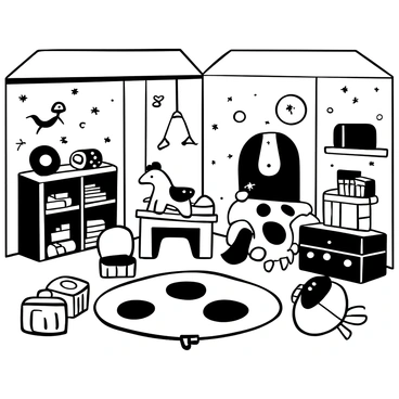 A children's playroom filled with mid-century toys, including a wooden train set, a rocking horse, and colorful building blocks. There are plush cushions scattered around the floor, and a small play table with miniature furniture. The walls are adorned with playful patterns, and a large rug features geometric shapes. Various books are neatly arranged on low shelves, and a vintage-style toy chest sits in one corner. A cheerful mobile hangs from the ceiling, adding to the lively atmosphere.