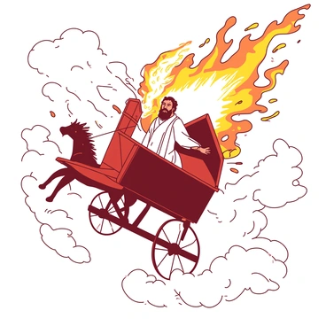 A dramatic scene depicts "Elijah being taken up to heaven in a fiery chariot." The chariot is ablaze with vibrant flames, contrasting against a backdrop of fluffy white clouds. Surrounding the chariot are swirling, dynamic clouds of various sizes, enhancing the sense of movement. Bright light emanates from the chariot, illuminating Elijah, who is standing with a look of awe. His robes flutter as he ascends, and his hair is lifted by the force of the wind. The atmosphere is filled with a sense of divine energy and majesty.
