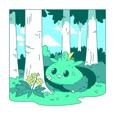 A vibrant scene depicting two teal forest spirits with playful expressions, peeking out from behind tall white trees. One of the spirits is partially hidden behind the trunk of a tree, while the other is crouching behind a cluster of blooming yellow flowers. The forest floor is covered in lush green grass, and sunlight filters through the leaves above, creating dappled light patterns. In the background, additional trees stand tall, adding depth to the enchanted forest environment. The spirits are adorned with leaves and small flowers, enhancing their whimsical appearance.