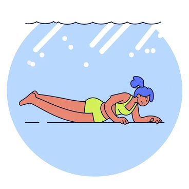A person is doing a plank at the bottom of a swimming pool. The water is a clear blue color, and sunlight filters down from the surface, creating soft ripples on the pool floor. Surrounding the person are numerous small bubbles rising towards the surface. The person is wearing a bright green swimsuit and has a focused expression while maintaining a straight posture.