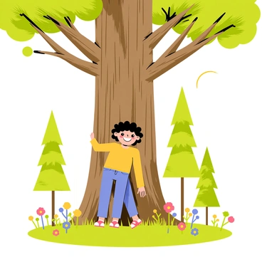 A child with curly hair is joyfully hugging a grand, thick tree with rough bark. The tree has wide branches that spread out above, providing a sense of shelter. Surrounding the tree are several tall pine trees with green needles, creating a beautiful forest atmosphere. The ground is covered with bright green grass and colorful flowers adding to the vibrant greenery of the scene. Sunlight filters through the branches, casting playful shadows on the ground.