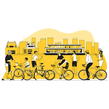 A group of cyclists standing beside their bikes, each bike resting on its kickstand. The cyclists are dressed in various types of cycling gear, including helmets and colorful jerseys. They are positioned on a dock with a city ferry in the background, the ferry is preparing to depart across the river. Some cyclists are engaged in conversation while others check their gear. The water of the river is gently rippling, and there are tall buildings visible along the riverbank in the distance.