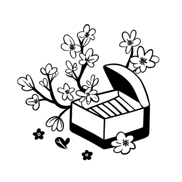 A matchbox adorned with intricate designs of cherry blossoms. The cherry blossoms are delicately illustrated with flowing branches and detailed petals, arranged symmetrically around the matchbox. The matchbox is slightly open, revealing a few matches inside. Additional small blossoms and leaves are scattered around the matchbox, creating a harmonious composition.
