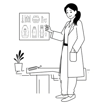 A friendly dermatologist is standing in a well-lit consultation room. She is wearing a white lab coat over a professional outfit, with her hair neatly styled. The dermatologist is smiling as she points to a detailed skincare chart that is displayed on a wall. The chart features various skincare products and diagrams of skin types. A medical examination table is positioned nearby, with a few tools neatly arranged on a side table. A potted plant adds a touch of greenery to the room.