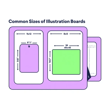 A visual chart is displayed featuring various sizes of illustration boards commonly used by artists. The chart is divided into sections, each representing a different size of board. Each section includes a labeled rectangle depicting the proportions of the board, with the dimensions written inside. The sizes range from small boards, like 9x12 inches, to larger boards measuring 30x40 inches. The background of the chart is plain, allowing the boards to stand out clearly. In the corner, "Common Sizes of Illustration Boards" is written in bold letters.
