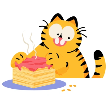 Garfield is a large orange cat with black stripes, sitting at a table. He has a satisfied grin on his face, showing his enjoyment. In front of him, there is a massive plate of lasagna, stacked high with layers of pasta, cheese, and sauce. The lasagna is steaming, indicating it is fresh and hot. Garfield’s eyes are wide with delight as he leans towards the plate, ready to take a big bite. There are scattered crumbs around the plate, emphasizing his enthusiastic eating.