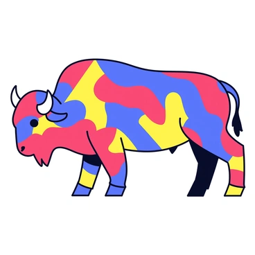 A bison standing in profile view, showcasing its large, muscular frame and distinctive hump. The body of the bison is filled with bold geometric patterns in a variety of colors including red, blue, and yellow. Its head is lowered slightly, with large curved horns extending outward. The bison is set against a simple, unobtrusive background to emphasize its intricate patterns and shapes.