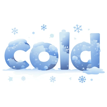 Icy letters in a bold typeface are forming the word "cold" in the center of the image. Each letter is made of transparent ice, showcasing intricate frost patterns on their surfaces. Surrounding the letters, there are various snowflakes of different sizes and shapes, some delicately resting on the letters while others are gently falling around them. The background features a subtle gradient transitioning from light blue at the top to a deeper blue at the bottom, enhancing the wintry atmosphere of the scene.