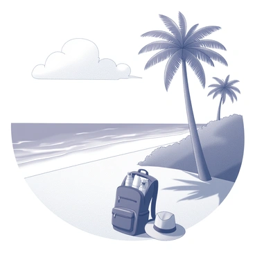 A tropical island scene featuring a sandy shore. The shore is lined with soft, golden sand, and gently lapping waves are visible at the water's edge. A rucksack is placed on the sand, partially opened, revealing travel essentials like a water bottle and a sun hat. Palm trees with fronds swaying in the breeze are scattered in the background, casting shadows on the ground. The sky above is expansive, with a few fluffy clouds floating in a bright atmosphere.