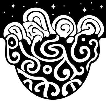 A black-and-white illustration depicting a series of intricate swirling patterns in the shape of a chin. The patterns are intertwined and flow seamlessly, creating an abstract design. Above, a night sky filled with stylized, swirling clouds gives a sense of movement to the scene. Small stars scattered throughout the sky enhance the atmosphere, while the chin shape prominently connects to the patterns below.