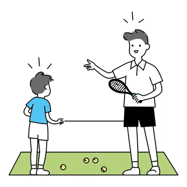 A tennis coach, wearing a white polo shirt and black shorts, stands on a green grass court. He is demonstrating proper grip techniques with a tennis racket in his hand. In front of him, a young player, dressed in a blue t-shirt and white shorts, watches intently while holding a racket. The coach points towards the player, emphasizing the correct stance. Surrounding them are tennis balls scattered on the ground, and the court is bordered by white lines. The bright sky above creates a clear backdrop for the scene.