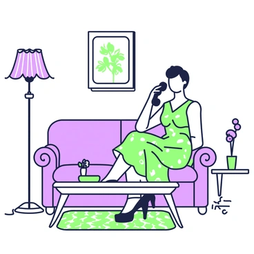 A vintage woman with styled hair is sitting in a stylish living room, holding a rotary dial telephone to her ear. She is wearing a patterned dress with a fitted waist and flowing skirt. The room is furnished with a plush sofa covered in rich fabric, and a coffee table with a vase holding fresh flowers is in front of her. On the wall behind her, there is a framed picture in an ornate frame, complementing the aesthetic of the room. A patterned rug is laid out on the wooden floor, adding warmth to the scene. A lamp with a fabric shade stands beside the sofa, casting a gentle light.