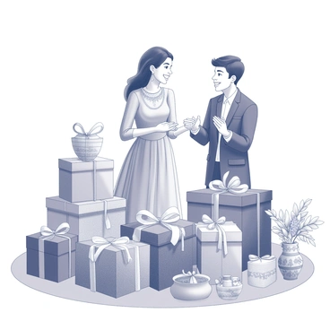 A couple stands beside an array of dowry gifts, which are neatly arranged on a decorative table. The gifts include traditional items such as ornate jewelry boxes, embroidered fabrics, and intricately designed pottery. The couple looks at the parents with expressions of gratitude and joy. The parents, standing slightly behind the couple, have warm smiles on their faces as they extend their hands in a gesture of blessing. The setting is adorned with floral decorations and soft lighting, creating a celebratory atmosphere.