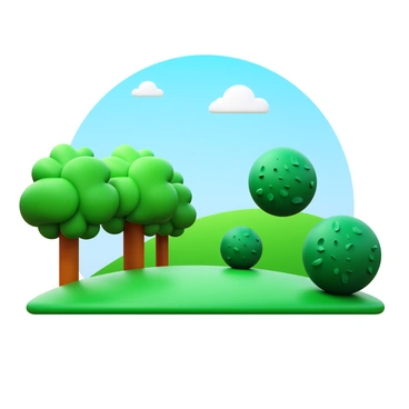 A landscape featuring four trees on the left side, each tree with a thick trunk and vibrant green foliage. On the right side, there are three bushes, round in shape and densely covered with small leaves. The scene clearly illustrates the fraction "4/3" through the arrangement of the trees and bushes, with a clear distinction between the two groups. The background consists of a blue sky with a few fluffy clouds and a gently rolling green hill in the distance.