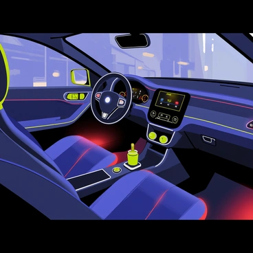 A car interior featuring plush leather seats in a modern design. The dashboard is sleek and filled with digital displays. Adjustable ambient lighting is highlighting various areas of the car, casting soft glows in shades of blue, red, and green. The floor mats are dark, contrasting with the bright colors of the lighting. There are cup holders with glowing edges, and the steering wheel has integrated controls that match the color scheme. The windows show glimpses of the outside world through reflections of nearby streetlights.