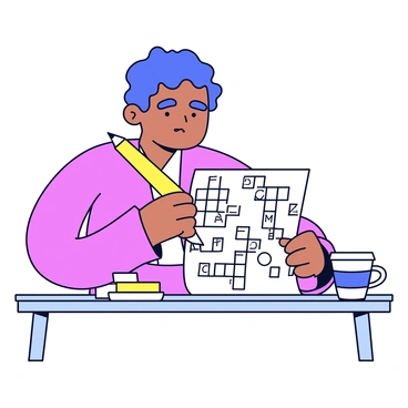 A person sitting at a small table, focused on solving a challenging crossword puzzle. The person is holding a yellow pencil with a sharpened tip in their right hand. The crossword puzzle is printed on a white sheet of paper, featuring black squares and white spaces filled with letters. A coffee cup with a simple design sits on the table next to the puzzle. The person's brow is slightly furrowed, indicating concentration.