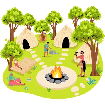 A small traditional tribal village is situated within a dense green rainforest. The village features several round huts made of wood and thatch, scattered around a central communal area. In the middle of this area, a large circular fire pit is surrounded by smooth stones, with flames flickering brightly. Lush trees with thick foliage canopy the scene, and vibrant flowers add splashes of color throughout the village. A few village members can be seen engaging in daily activities, such as cooking and weaving, contributing to the lively atmosphere of the village.