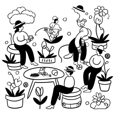 A gathering of elegant chouettes wearing tiny hats, perched on colorful flower pots. The garden is filled with a variety of flowers, including tulips, daisies, and roses, each in full bloom. There are delicate table settings featuring small plates and teacups placed on a checkered tablecloth. Some chouettes are holding miniature teacups, while others are looking at the flowers. A winding path of stones leads through the garden, connecting different areas filled with lush greenery.