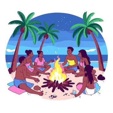 A group of islanders is gathered around a large bonfire, their faces illuminated by the warm glow of the flames. The bonfire is surrounded by tall, green palm trees swaying gently in the night breeze. Some islanders are sitting on the sandy ground, while others stand, laughing and sharing stories. In the background, a few more palm trees are silhouetted against the starry sky. The islanders are wearing colorful, casual clothing that reflects the vibrant atmosphere of the gathering.