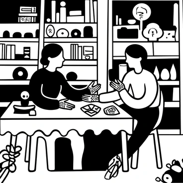 A mysterious palm reader with intricate henna designs on their hands is sitting at a wooden table in a small, dimly lit shop. The table is covered with a velvet cloth, and various crystals and tarot cards are scattered on it. A curious client leans in, looking intently at the palm reader's hands as they gesture over a palm. The shop is filled with shelves lined with mystical objects, candles, and books. The atmosphere is filled with the faint glow of candlelight, casting shadows that enhance the sense of intrigue.