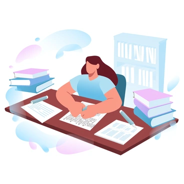 A person is seated at a wooden table, surrounded by stacks of books. The books are varied in size and color, their spines lined up prominently. Papers and pens are scattered across the table, indicating active note-taking. The person is intently focused on a crossword puzzle laid out in front of them. Light is illuminating the scene, casting soft shadows on the table. In the background, a bookshelf filled with more books is visible, adding depth to the setting.