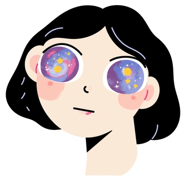 A face with smooth, fair skin and soft features. The eyes are deep and large, with swirling patterns that resemble a galaxy, filled with vibrant colors like purples, blues, and pinks. Tiny white stars and wisps of nebulae are scattered throughout the irises, creating a cosmic effect. The hair is dark and flowing, contrasting against the luminous galaxy in the eyes. The background is a simple light color that highlights the intricate details in the eyes.