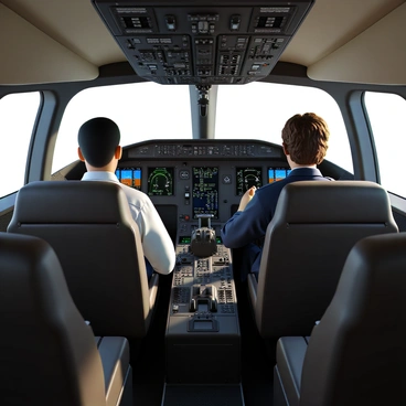 The cockpit of an executive jet featuring two pilots. One pilot has short black hair and is wearing a crisp white shirt with a black tie, while the other pilot has wavy brown hair and is dressed in a dark blue uniform. They are both seated in high-backed leather chairs, focused on reviewing the various flight controls and instruments in front of them. The cockpit is equipped with multiple digital displays showing flight data, navigation maps, and altitude readings. The overhead panel is filled with switches and buttons, all meticulously arranged. Sunlight streams through the large cockpit windows, illuminating the sophisticated interior design of the jet.