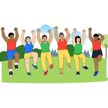 A diverse group of six athletes, including three men and three women, is performing synchronized calf raises outdoors on a grassy field. Each athlete is wearing colorful training outfits; the men are in blue shorts and red tank tops, while the women are in yellow leggings and green sports bras. They are all standing on the tips of their toes, with their arms raised above their heads for balance. In the background, there are a few trees and a bright blue sky. Each athlete is focused and energized, showcasing the teamwork and coordination of their training session.