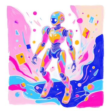A robot with a body that appears to be made of liquid metal in abstract forms