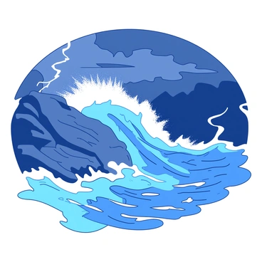 A blue wave crashes against a rugged gray rock formation during a storm. The waves are foamy and tumultuous, splashing high into the air. Dark clouds loom in the sky, casting shadows over the scene, while occasional flashes of lightning illuminate the landscape. The rocks are wet and glistening from the impact of the waves, highlighting their texture against the crashing water.