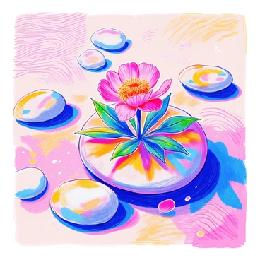 A single flower, vivid in color, is elegantly placed in the center of a bed of raked sand in a zen garden. The sand features intricate patterns, with smooth lines creating a sense of harmony. The flower has delicate petals, with a soft texture and rich hues that contrast beautifully against the pale sand. Surrounding the flower are carefully arranged stones of varying sizes, adding depth and balance to the composition. The overall scene conveys a sense of tranquility and simplicity.