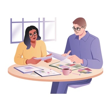 A digital flat illustration depicting an editor and an illustrator sitting at a round table engaged in reviewing sketches for a new book. The editor, a woman with medium skin and curly black hair, is wearing a yellow blouse and black glasses. She is examining a sketch closely, holding it in her hands. The illustrator, a man with light skin and short brown hair, is wearing a blue shirt and denim jeans. He has a stack of sketches in front of him on the table, and he is pointing to one of the sketches while discussing it. The round table has colorful sketches scattered across its surface, alongside pencils and a cup of coffee. A window in the background allows natural light to illuminate the scene.