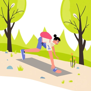 A hiker wearing a bright red backpack is taking a break on a dirt trail. The hiker is positioned in a side plank pose on a gray yoga mat. Surrounding the trail are tall green trees with a variety of leaves. Sunlight filters through the branches, creating dappled light on the ground. Small rocks and wildflowers are scattered along the trail, adding detail to the natural setting. The hiker has an expression of focus and determination.