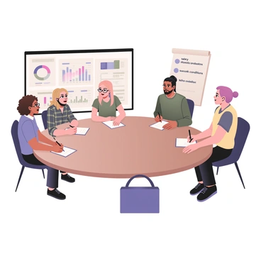 A digital flat illustration depicting a group of scientific illustrators gathered around a large round table. There are five individuals: a woman with curly brown hair wearing glasses and a blue shirt, a man with a short beard and a plaid shirt, a woman with straight black hair tied in a bun wearing a green blouse, a man with long blond hair in a ponytail wearing a grey t-shirt, and a non-binary person with short pink hair wearing a yellow vest. Each person has a notebook and a pen, actively engaged in discussion. Charts and graphs are displayed on a screen in the background, highlighting salary trends and work conditions. A whiteboard nearby features bullet points about their agenda, including "salary discussions" and "work conditions." The atmosphere conveys a sense of collaboration and focus.