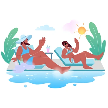 Two friends are lounging beside a pool, surrounded by vibrant greenery. One friend is wearing a bright blue swimsuit and a wide-brimmed hat, while the other is in a colorful patterned bikini and sunglasses. They are both reclining on teal lounge chairs, with their feet playfully splashing in the water. A large beach towel is spread out beside them, and a tropical drink sits on a small table nearby. The sun is shining brightly, casting warm light across the scene, which is complemented by gentle reflections on the water's surface.
