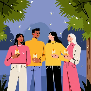 A group of four diverse people, including a man and a woman, are holding flickering candles in their hands. They stand close together in a tranquil park at dusk, surrounded by softly glowing fireflies. The trees around them are lush and green, creating a serene atmosphere. Each person has their eyes closed, with expressions of peaceful concentration. There are soft wisps of smoke curling up from the candle flames into the cool evening air. In the background, a gentle stream reflects the dim light, enhancing the calmness of the scene.
