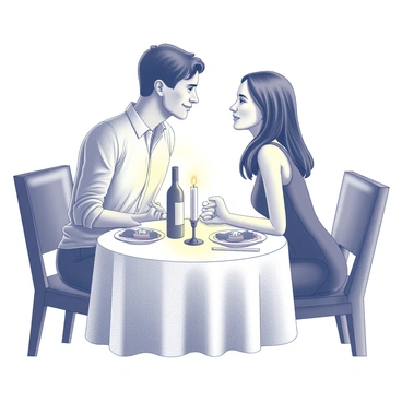 A couple sitting at a small, intimate table in a restaurant. The table is adorned with a white tablecloth and a flickering candle placed in the center, casting soft shadows around. The couple is gazing into each other's eyes, sharing a moment of connection. The man is dressed in a formal shirt, while the woman is wearing an elegant dress. Plates of food are placed in front of them, and a wine bottle is partially visible on the table. The ambiance is warm, with hints of decorative wall elements in the background, enhancing the romantic setting.
