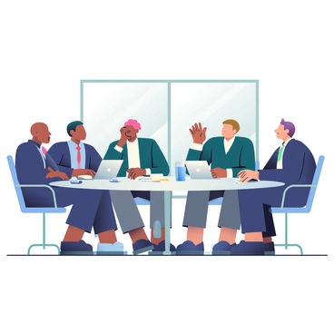 A group of six representatives from different countries is seated at a round table engaged in a discussion about a trade deal. Each representative is dressed in formal attire, showcasing a variety of styles: one wears a navy blue suit, another has a dark green blazer with a white shirt, and yet another sports a gray pantsuit. Documents and laptops are spread across the table, along with a pitcher of water and glasses. The representatives have diverse features, with varying skin tones, hair colors, and styles, indicating their international backgrounds. They are actively exchanging ideas, with one person raising a hand to emphasize a point, while another is jotting down notes. In the background, there is a large window allowing natural light to illuminate the scene.