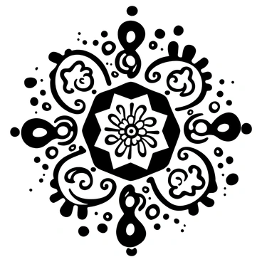 An intricate mandala design featuring complex geometric shapes and symmetrical patterns. The mandala is filled with various swirling shapes and lines interwoven throughout the composition. There are splashes of patterns radiating outward, creating a sense of depth and movement. The overall structure is balanced, showcasing a harmony of shapes and forms within the mandala.