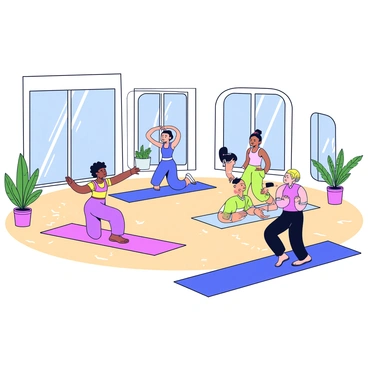 A bright yoga studio with large windows allowing natural light to flood the space. Several participants are practicing various yoga poses, such as downward dog, warrior pose, and tree pose. The participants are wearing colorful athletic wear, and they are focused on their practice. Light wooden flooring complements the setting, and potted plants are placed in the corners of the studio for a touch of greenery. A large mirror reflects the participants and enhances the feel of the space.